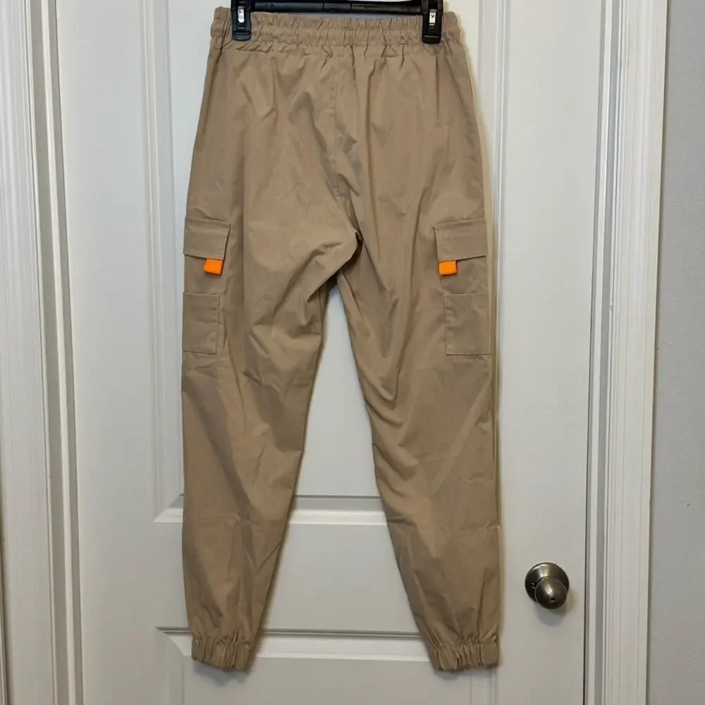 Tan Cargo Pants with Elastic Cuffs and Drawstring Waist